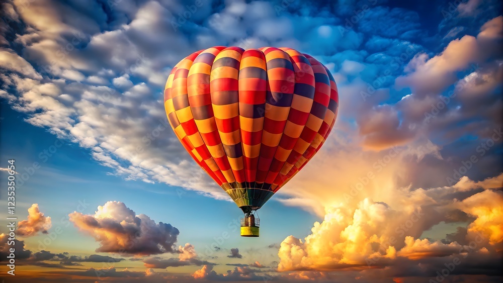 Naklejka premium Colorful Hot Air Balloon Soaring Through Sunset Clouds