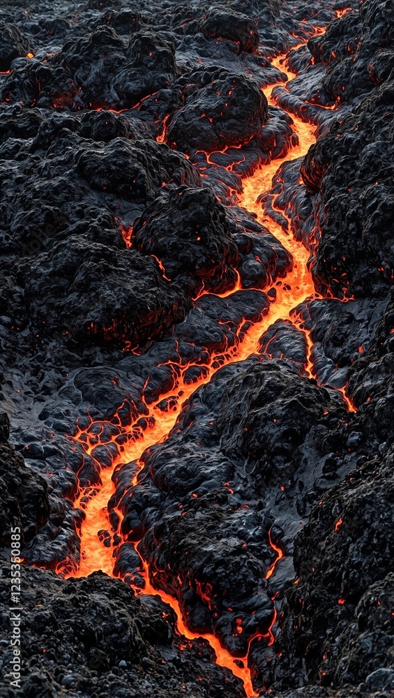 Molten lava cooling into black volcanic rock with glowing orange streaks Molten lava cooling into black volcanic rock with glowing orange streaks