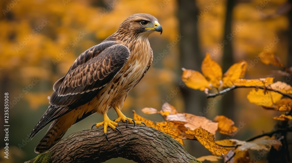 Hawk perched on branch, autumn forest, nature scene, wildlife photography Hawk perched on branch, autumn forest, nature scene, wildlife photography