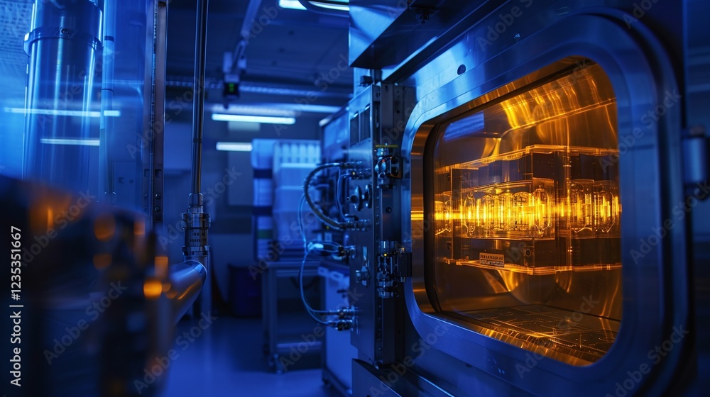 Futuristic industrial equipment and machines glowing with an orange and blue illumination in the darkened interior of a high tech laboratory or research facility Futuristic industrial equipment and machines glowing with an orange and blue illumination in the darkened interior of a high tech laboratory or research facility