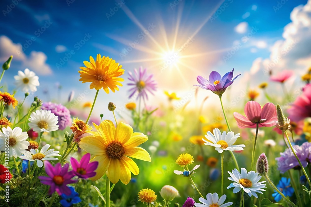 Spring Wildflowers Meadow: Soft Petals, Sunny Sky, Natural Background Spring Wildflowers Meadow: Soft Petals, Sunny Sky, Natural Background