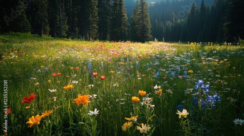 A Sunlit Wildflower Meadow Surrounded by a Forest