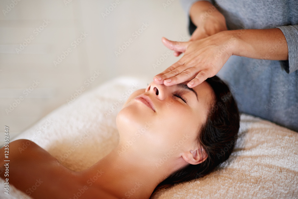 Naklejka premium Massage, facial and masseuse for therapy at spa, beauty treatment and holistic healing with skincare. Woman, luxury resort and client pressure at salon, cosmetic service and smooth or soft skin