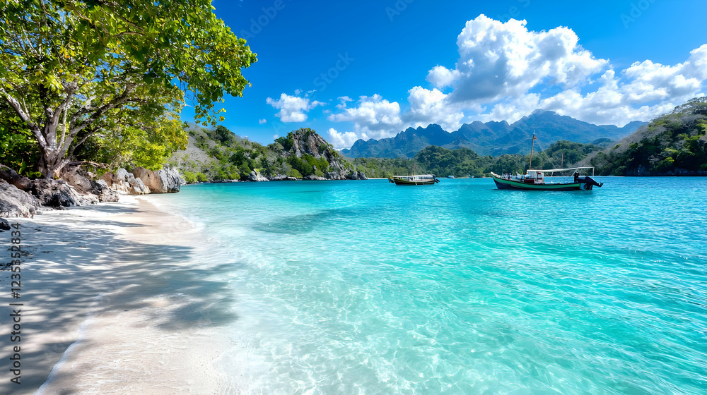 Tropical beach, boats at anchor, clear water, mountain backdrop; travel brochure Tropical beach, boats at anchor, clear water, mountain backdrop; travel brochure