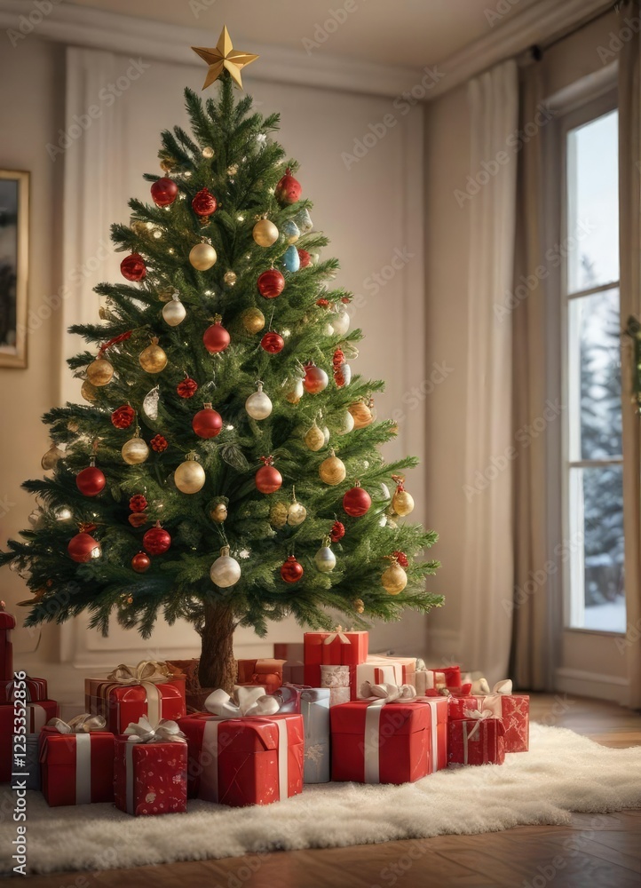 Decorated Christmas tree with presents under it, christmas tree, presents Decorated Christmas tree with presents under it, christmas tree, presents