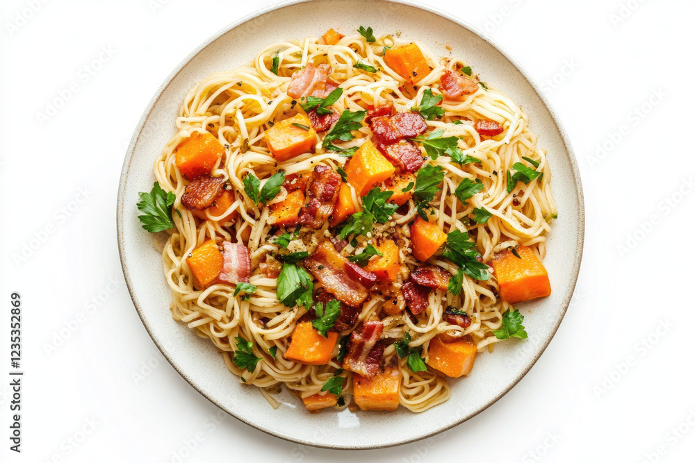 Delicious Stir-Fried Noodles with Bacon and Vegetables on a White Background design Delicious Stir-Fried Noodles with Bacon and Vegetables on a White Background design