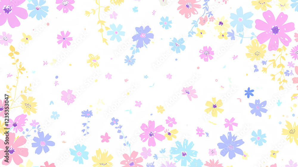 Cute, pastel, simple floral pattern with tiny flowers and vines on a white background. Colorful, cute lettering and simple shapes Cute, pastel, simple floral pattern with tiny flowers and vines on a white background. Colorful, cute lettering and simple shapes