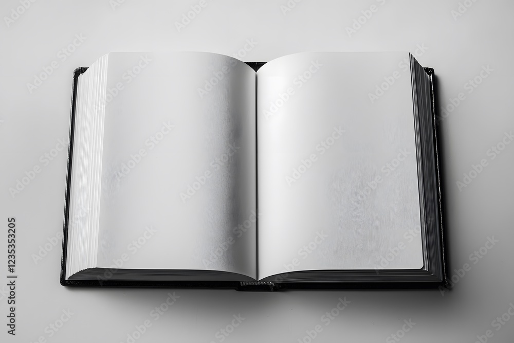 Open Blank Book with Black Cover on White Background Ready for Text or Images Open Blank Book with Black Cover on White Background Ready for Text or Images