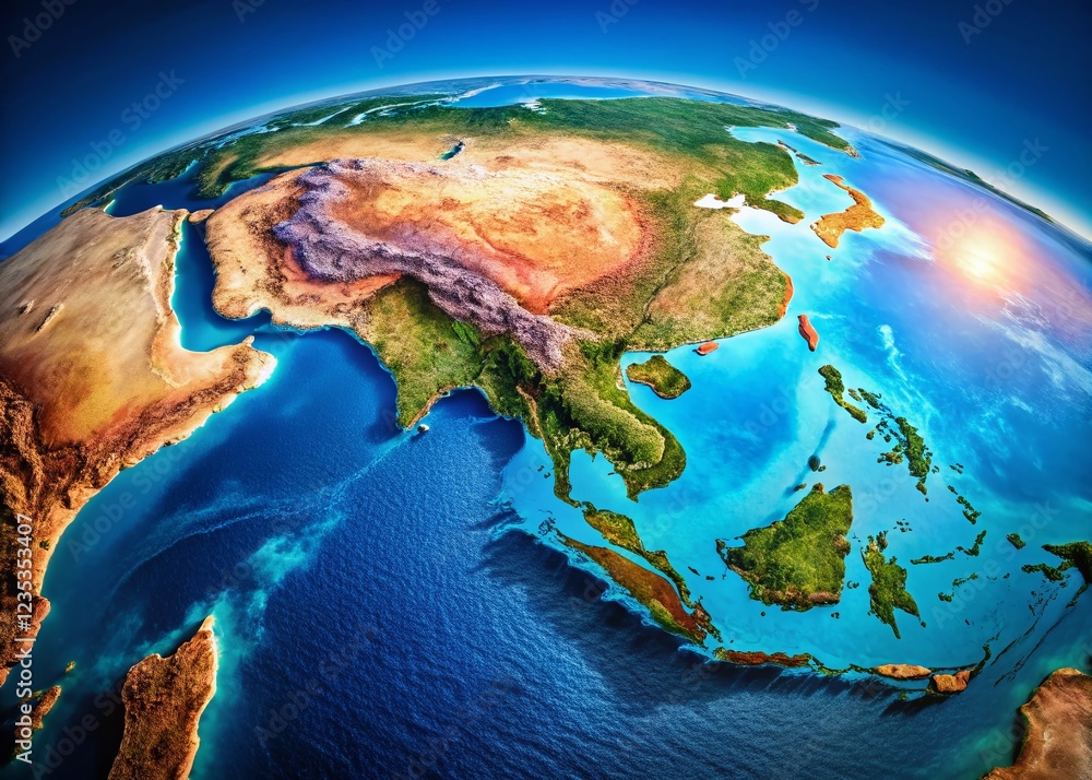 Fototapeta premium Stunning Aerial View of Australia & Asia: Blue & Pink Hues Globe Earth