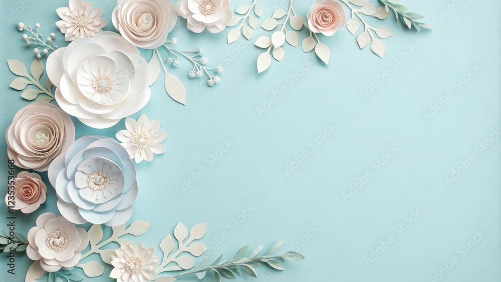 Delicate Paper Flower Arrangement on Light Blue Background with Space, textured paper, soft hues, organic texture Delicate Paper Flower Arrangement on Light Blue Background with Space, textured paper, soft hues, organic texture