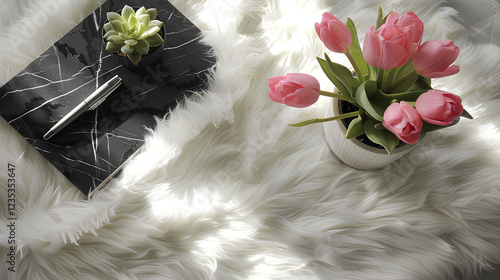 white fur rug with pink tulips and black marble, a book lying on the side, a grey pen, green succulents in a round planter beside it, shadow play, womancore, minimalistic photo