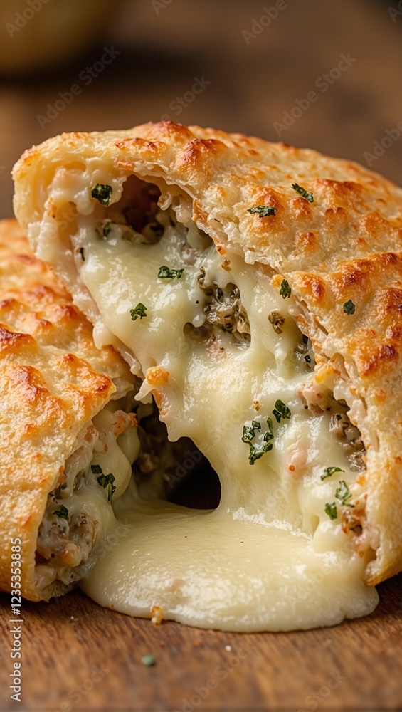 Delicious hot calzone with oozing cheese and herbs Delicious hot calzone with oozing cheese and herbs