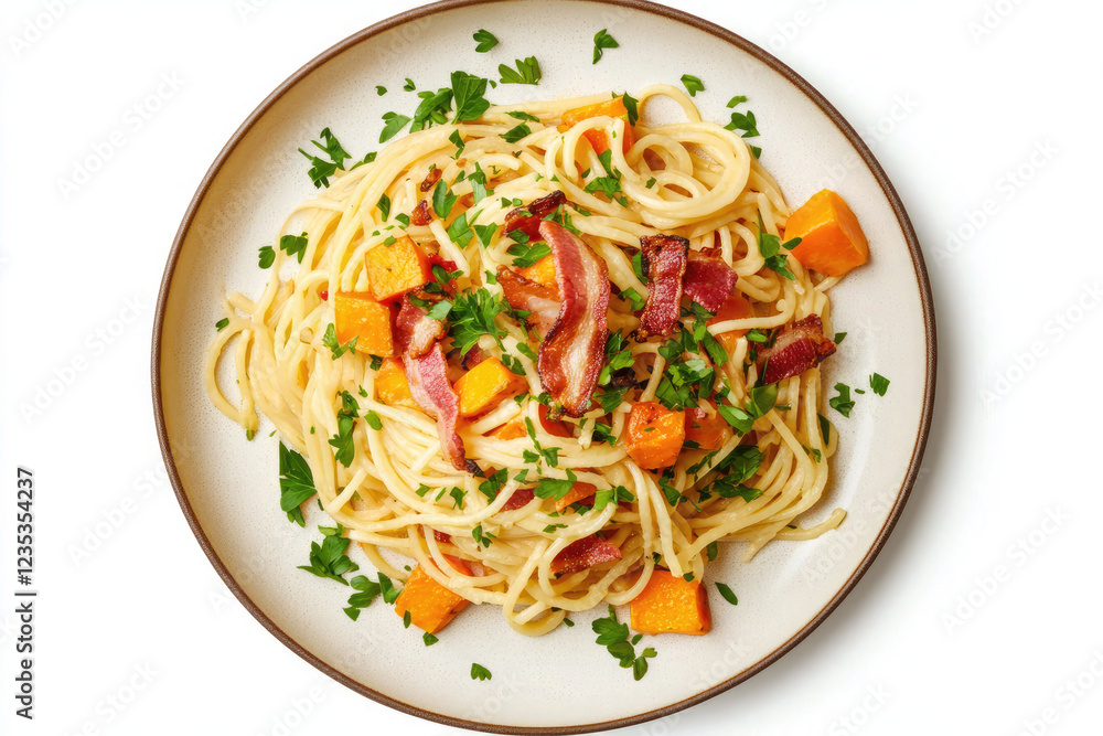 Delicious Stir-Fried Noodles with Bacon and Vegetables on a White Background Delicious Stir-Fried Noodles with Bacon and Vegetables on a White Background