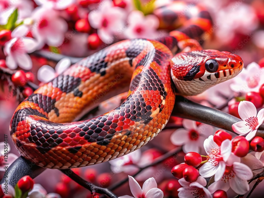 Obraz premium Stylized Red & Black Snake Among Cherry Blossoms - Spring Fashion Photography