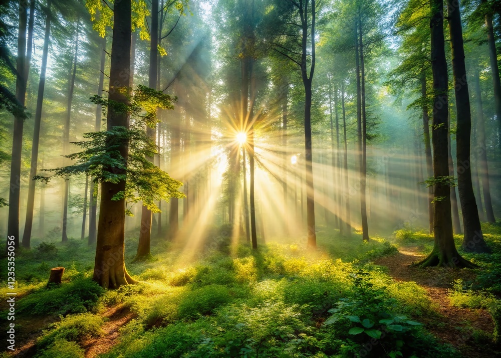 Naklejka premium Sunbeams Piercing Foggy Forest: Mystical Woodland Scene