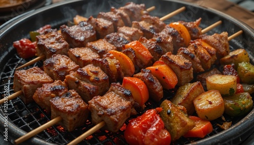 Korean BBQ Skewers with Grilled Meat and Vegetables photo