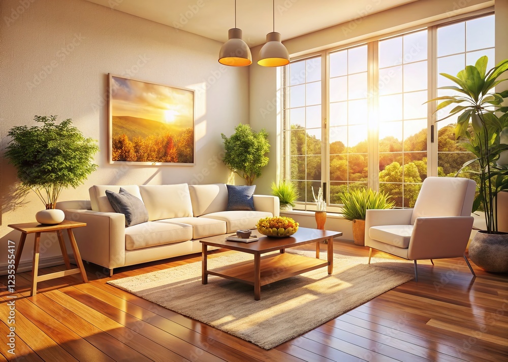 Sunny Living Room with Empty Canvas - Cozy & Inviting Home Decor Sunny Living Room with Empty Canvas - Cozy & Inviting Home Decor