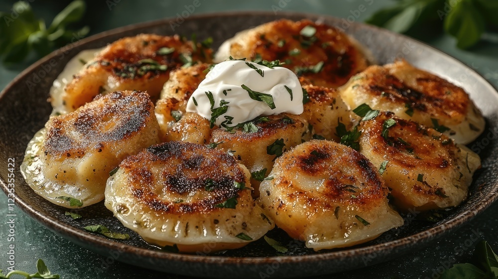 Deliciously golden-brown pan-fried dumplings served with sour cream and herbs Deliciously golden-brown pan-fried dumplings served with sour cream and herbs