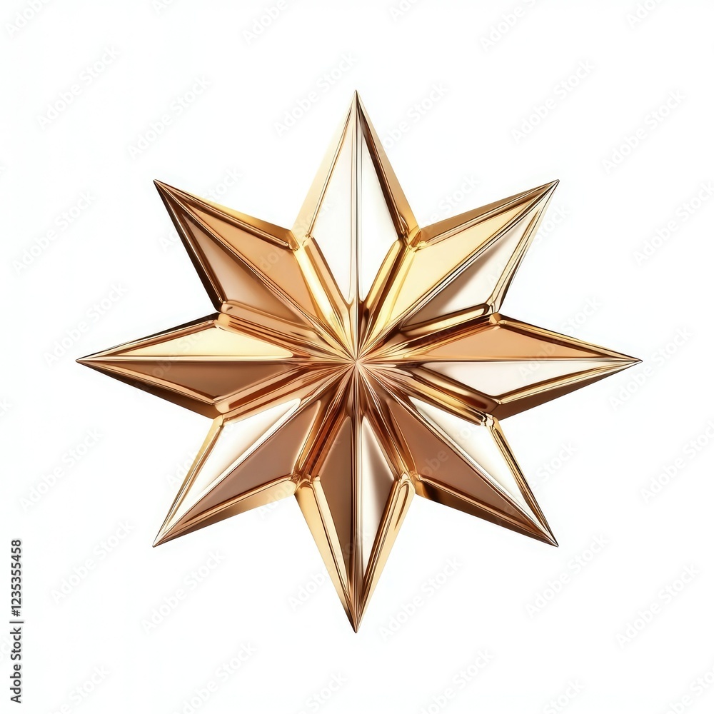 Obraz premium Gold eight-pointed star, 3D render, isolated, white background, holiday decor