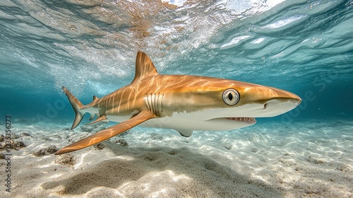 Tiger shark swims shallow reef, ocean background photo