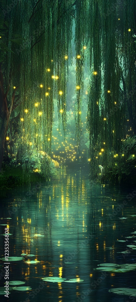 Obraz premium A dreamy scene of glowing fireflies flying over a calm pond, surrounded by weeping willows