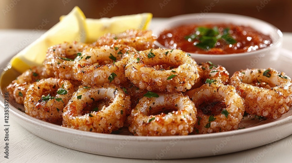 Crispy fried calamari served with lemon wedges and spicy marinara sauce Crispy fried calamari served with lemon wedges and spicy marinara sauce