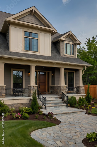 Luxury Home Exterior: Modern Architecture, Stone Facade, and Landscaped Pathway