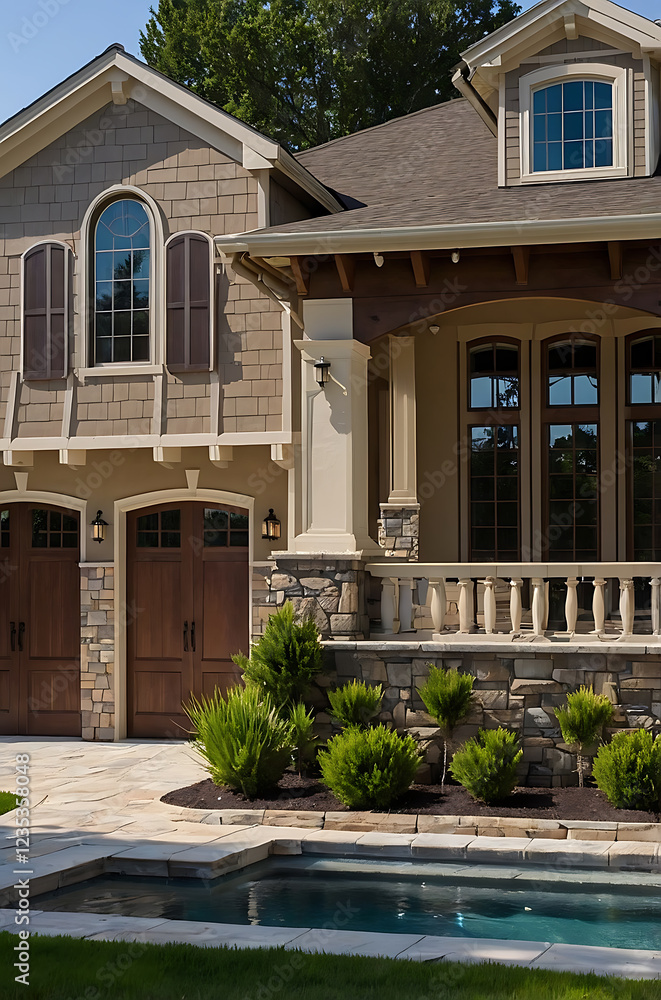 Fototapeta premium Luxury Home Exterior: Modern Stone and Wood Architecture with Pool