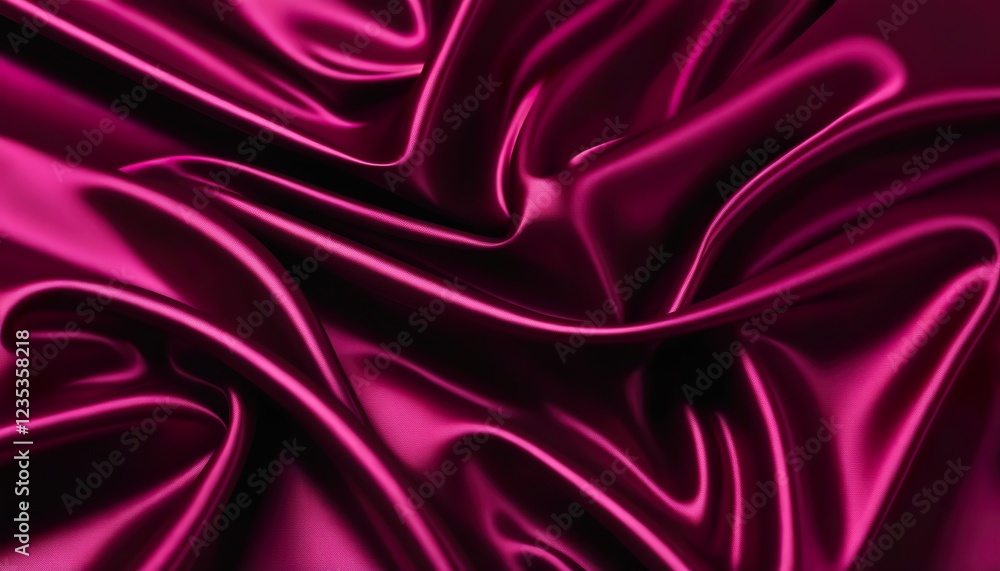 Fototapeta premium Closeup of rich crimson silk fabric, elegantly draped with soft waves and folds, showcasing its luxurious texture and dark deep color