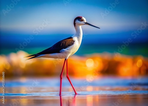 The Blackwinged Stilt Bird on Seashore in Tilt-Shift Photography photo