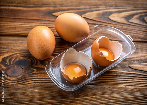 Top View Broken Eggshells in Plastic Case on Wooden Floor photo