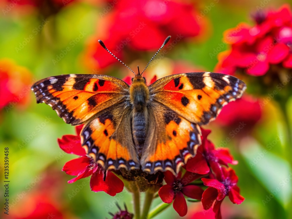 Tortoise Shell Butterfly on Maltese Cross Flower in Garden with Copy Space Tortoise Shell Butterfly on Maltese Cross Flower in Garden with Copy Space