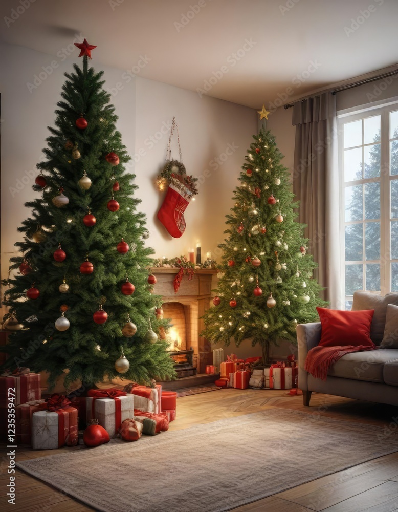 Fir Christmas tree in a cozy living room with stockings and holly, warm ambiance, christmas tree decor Fir Christmas tree in a cozy living room with stockings and holly, warm ambiance, christmas tree decor