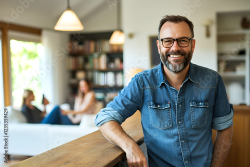 Hombre de negocios feliz trabajando de forma remota desde casa, realizando una llamada profesional mientras gestiona negocios en línea, networking y comunicación digital en un espacio moderno