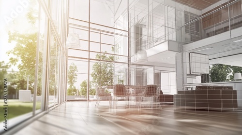Architectural rendering of modern house interior with large glass windows and sunlight