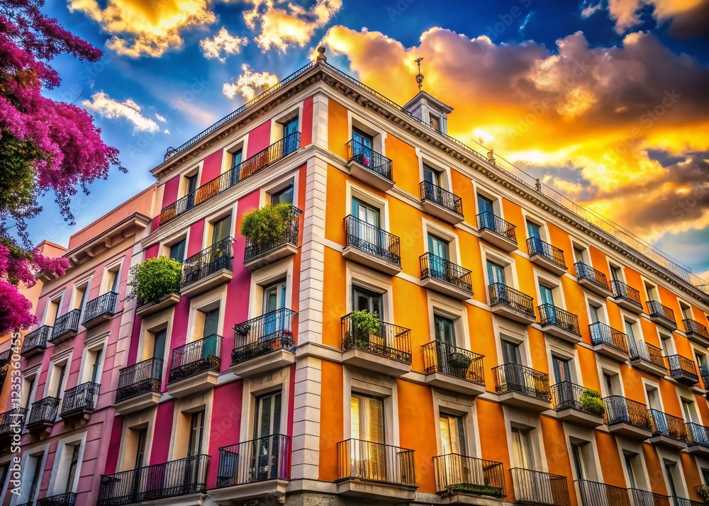 Fototapeta premium Typical Building Facade in Madrid, Spain - Spring Silhouette