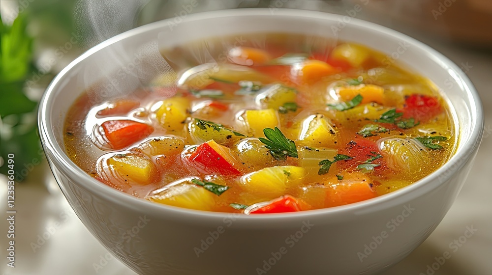 A steaming bowl of vibrant vegetable soup with colorful ingredients and herbs A steaming bowl of vibrant vegetable soup with colorful ingredients and herbs