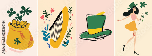 St Patrick's Day irish traditional celebration set of hand drawn cute design elements