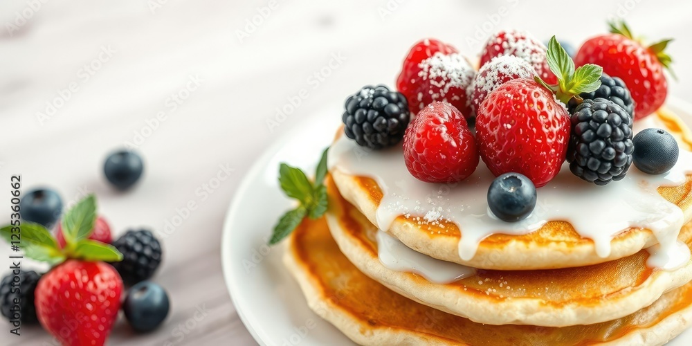 Fresh berries arranged artfully on top of fluffy pancakes, fruit, colorful Fresh berries arranged artfully on top of fluffy pancakes, fruit, colorful