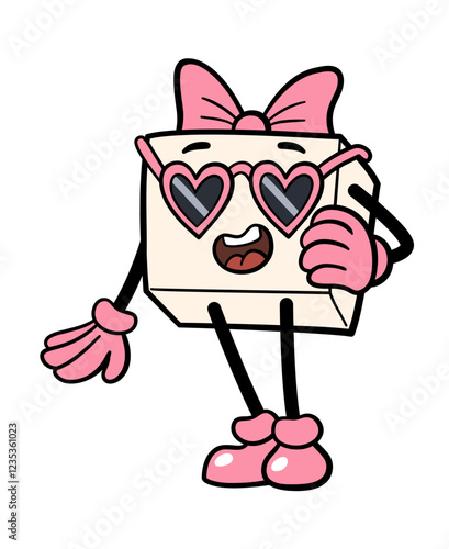 Retro groovy gift character. Cute flirty cartoon girl gift box with pink bow, gloves and boots. White background.