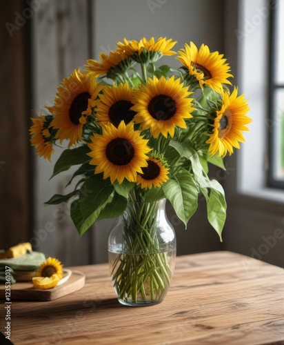 Wallpaper Mural Freshly cut sunflowers in a vase on a wooden table, arrangement, rustic, garden fresh Torontodigital.ca