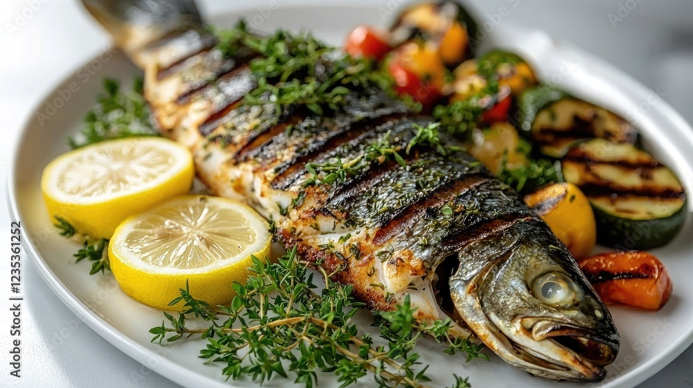 Grilled fish served with lemon slices and colorful vegetables on a white plate Grilled fish served with lemon slices and colorful vegetables on a white plate