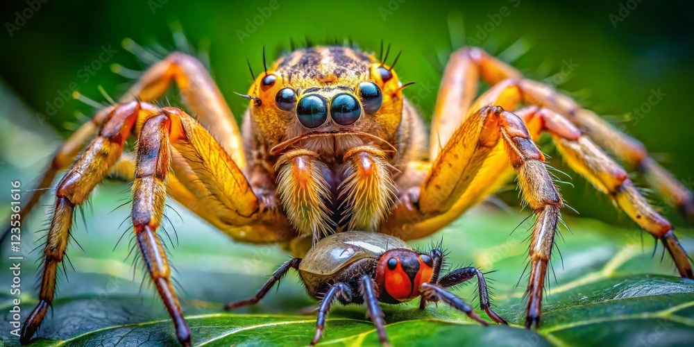 Fototapeta premium Vertical Portrait of a Variable Crab Spider with a Fly