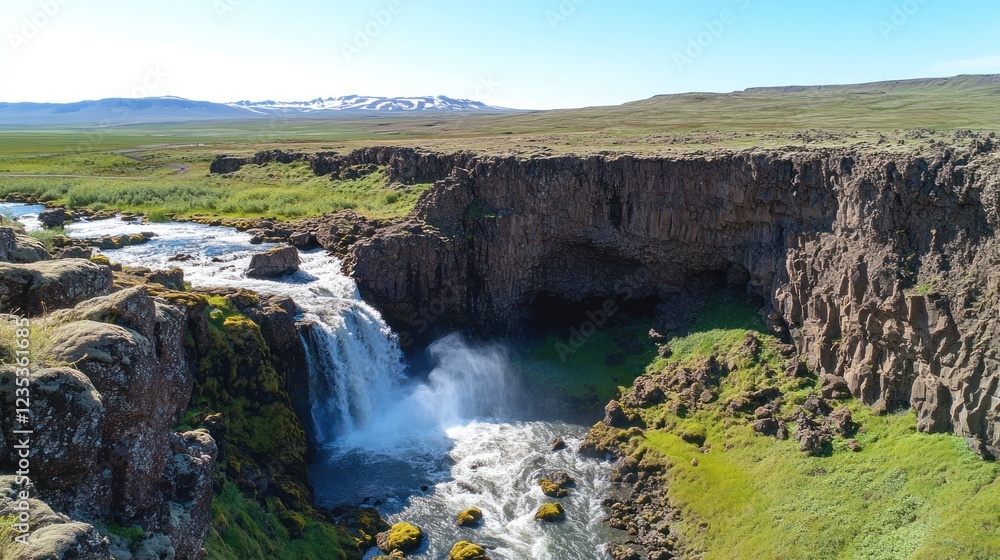 Icelandic waterfall cascade, rugged landscape, sunny day, travel background