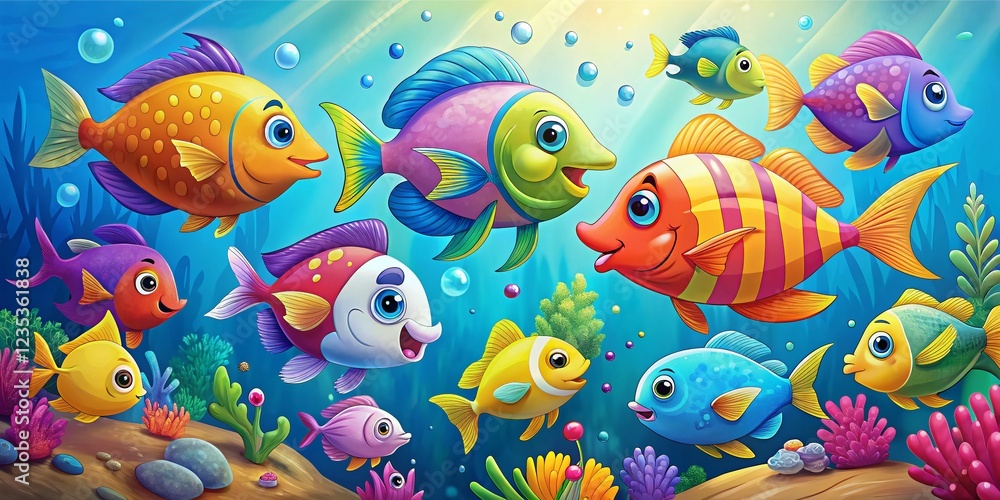 Vibrant Animated School of Fish Swimming Underwater, Copy Space Left Vibrant Animated School of Fish Swimming Underwater, Copy Space Left
