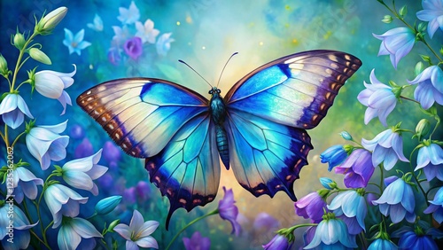 Vibrant Blue Morpho Butterfly on White and Purple Bell Flowers - Oil Painting Style Stock Photo photo