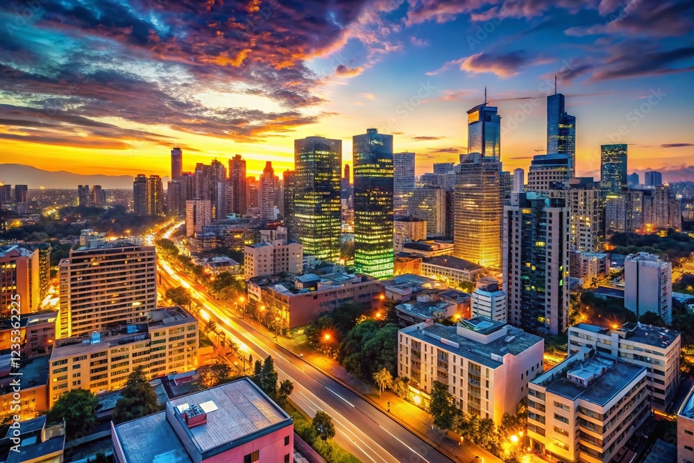 Fototapeta premium Vibrant City Skyline Dusk: Modern Architecture & Illuminated Streets