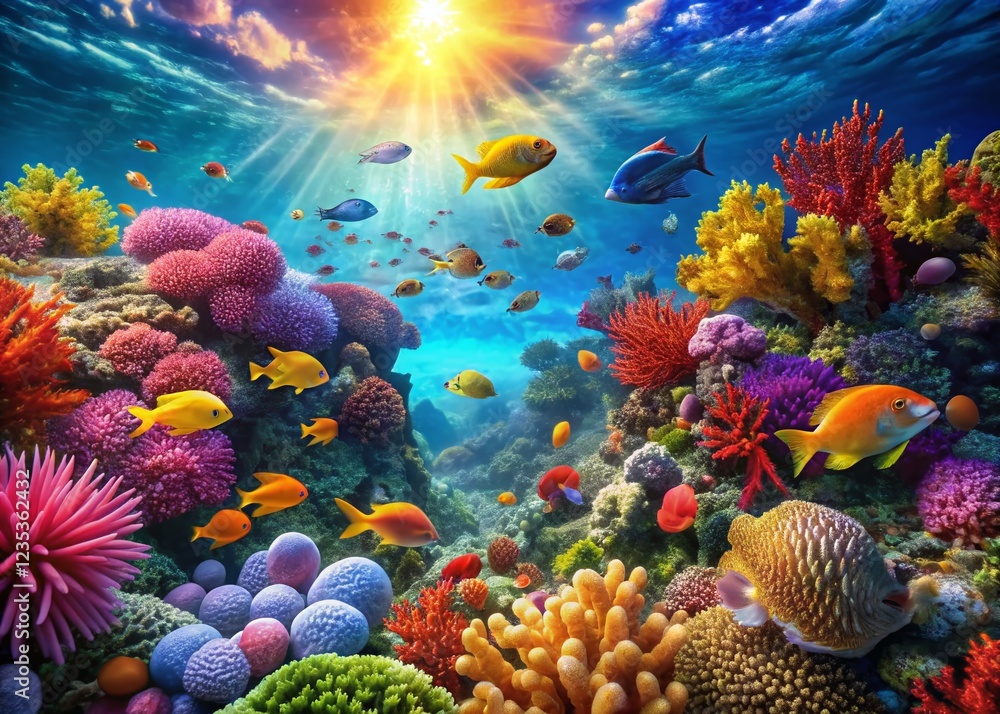 Naklejka premium Vibrant Coral Reef Ecosystem: Tropical Fish Underwater Scene Stock Photo