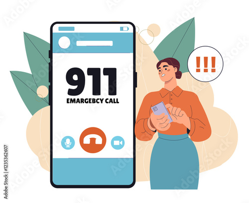 Woman call 911. Young girl with smartphone. Emergency and accident. Scared person calls ambulance, police or firefighters. Panic and shock. Flat vector illustration