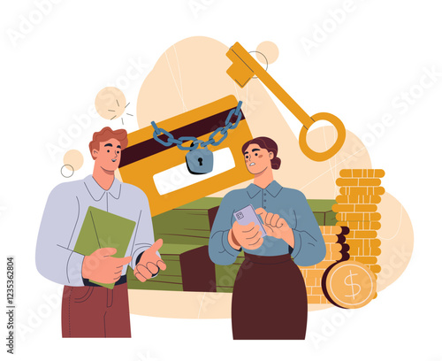 People unlocking banking card. Man and woman near padlocked card, banknotes and gold coins. Safety and security. Protection of personal information. Flat vector illustration
